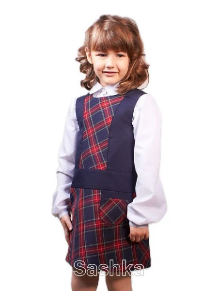 Сарафан для дівчинки Sashka шкільний синій в червону клітинку (напіввовна), розмір 116-146